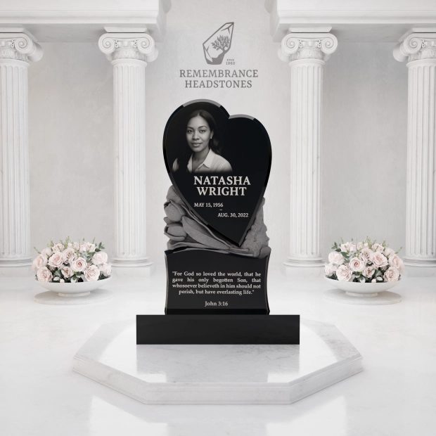 Premium Upright Granite Headstone — Sculpted Double-Heart on Draped Pedestal