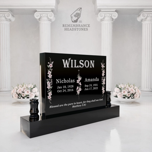Premium Companion Granite Memorial with Floral Tribute