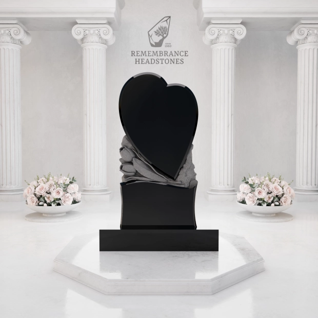 Premium Upright Granite Headstone — Sculpted Double-Heart on Draped Pedestal
