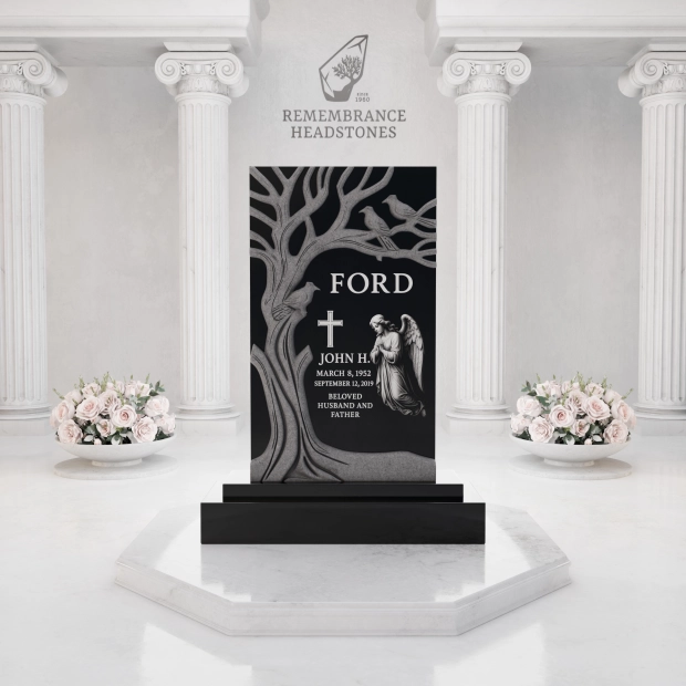 Premium Tree of Life Upright Granite Headstone with Angel & Birds