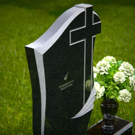 1302 - Traditional Granite Headstone with Cross Design and Flower Vase - 51