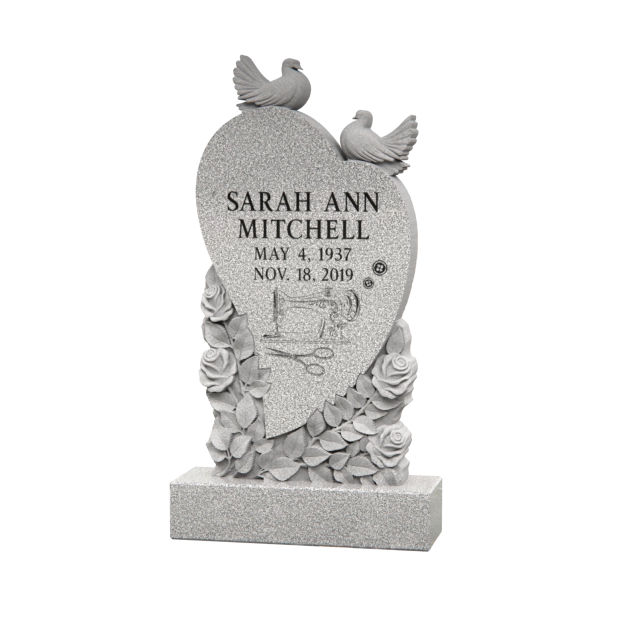1205042 - Heart-Shaped Granite Headstone With Doves and Rose Engraving
