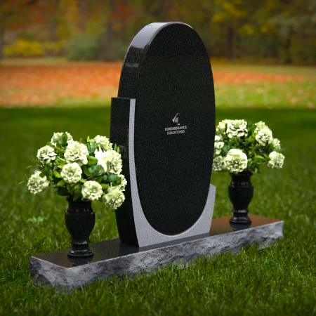 1266 - Elegant Oval Granite Headstone with Dual Floral Vases – A Timeless Memorial - 7