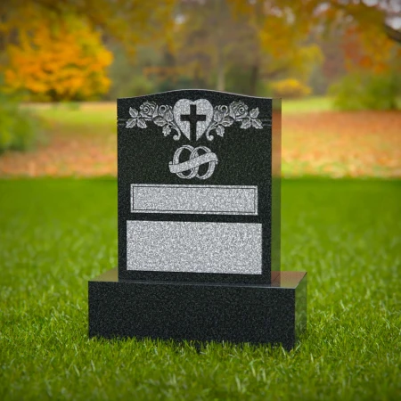 1580 - Elegant Black Granite Headstone with Heart, Cross & Wedding Rings