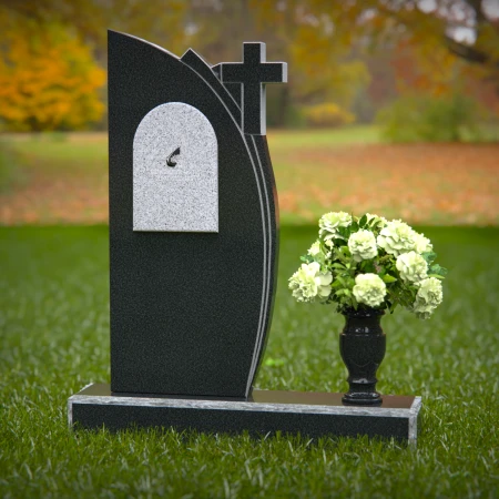 1265 - Unique Granite Headstone with Cross and Black Plaque Design – Elegant Memorial Tribute - 34