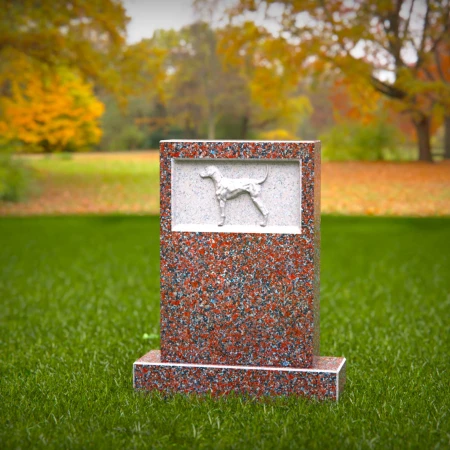 1457 - Custom Red Granite Dog Memorial Headstone with Engraved Dog Relief