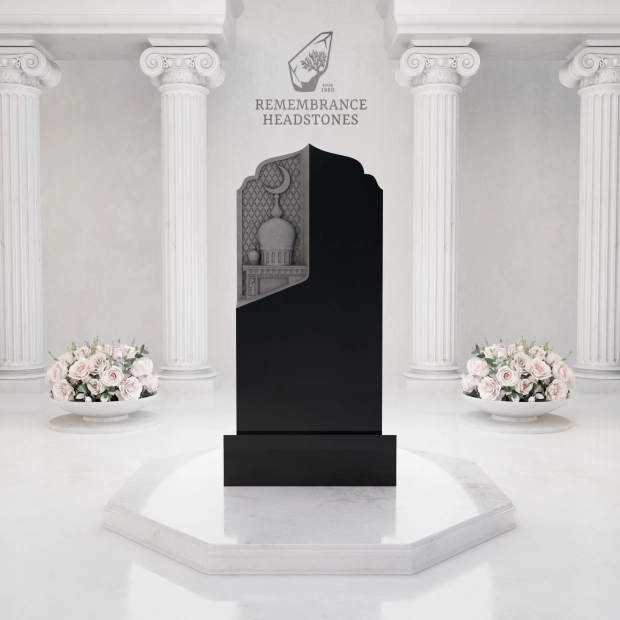 Premium Upright Granite Headstone — Mosque Relief Panel & Crescent
