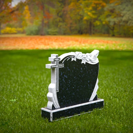 1558 - Black Granite Headstone with Cross, Roses, and Dove Engraving - 3