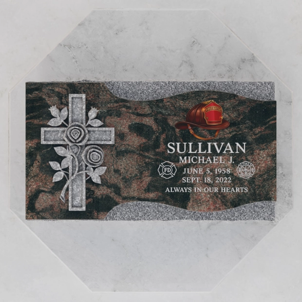 Luxury Firefighter Cross Flat Granite Grave Marker with Roses