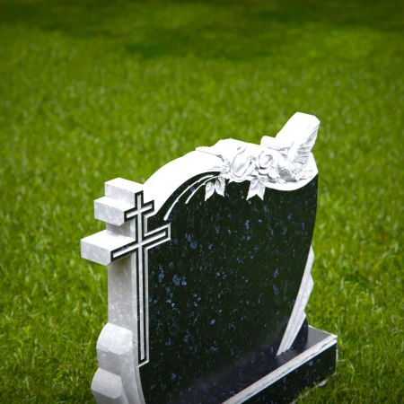 1558 - Black Granite Headstone with Cross, Roses, and Dove Engraving - 4