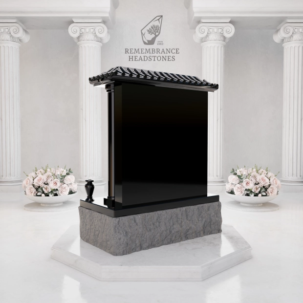  Lux Pagoda-Style Upright Granite Headstone with Columns, Crane & Blossoms
