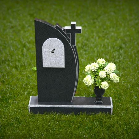 1265 - Unique Granite Headstone with Cross and Black Plaque Design – Elegant Memorial Tribute