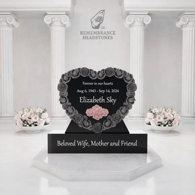 Luxury Heart-Shaped Granite Headstone — Rose Wreath & Butterfly