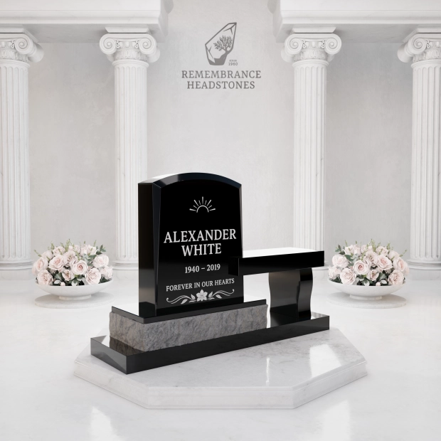 Lux Upright Headstone with Marian Emblem & Memorial Bench                                     