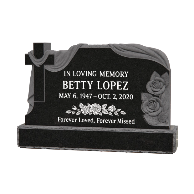1201047 - Elegant Granite Headstone With Draped Cross and Rose Engraving