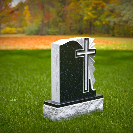 1477 - Black Granite Headstone with Engraved Cross & Radiant Design - 7