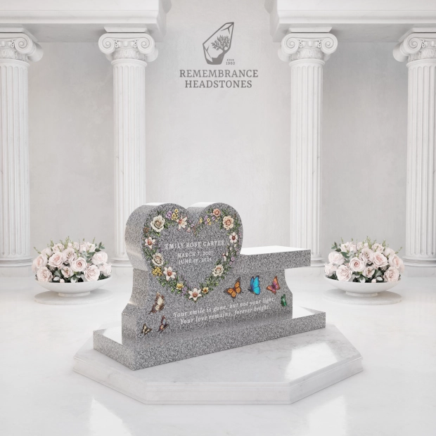 Luxury Heart Companion Granite Bench Memorial with Floral Wreath