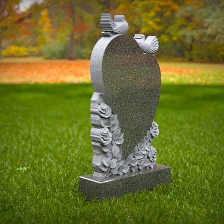 1523 - Heart-Shaped Granite Headstone with Doves and Rose Engraving - 1