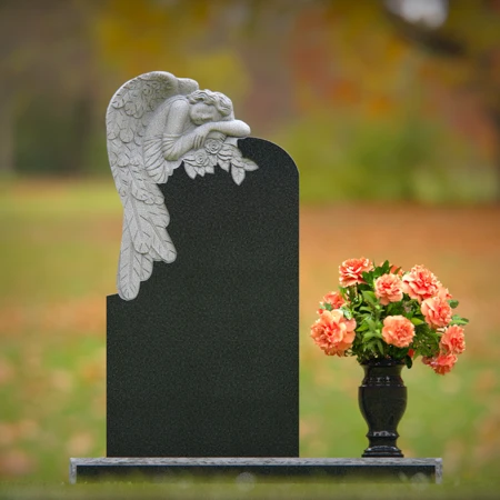Serene angel black granite headstone with flower vase — perfect memorial tribute.