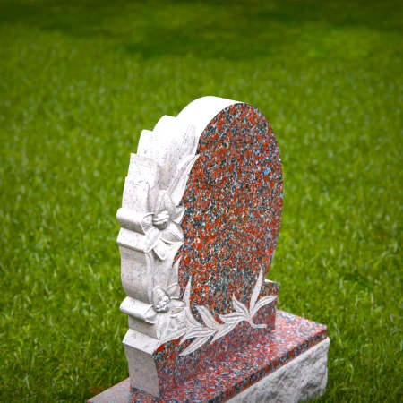 1550 - Oval Red Granite Headstone with Floral Engraving - 1