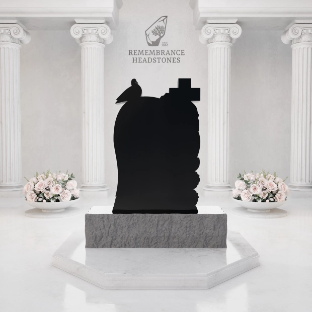  Premium Special-Shape Granite Headstone — Heart Silhouette with Cross, Dove & Roses