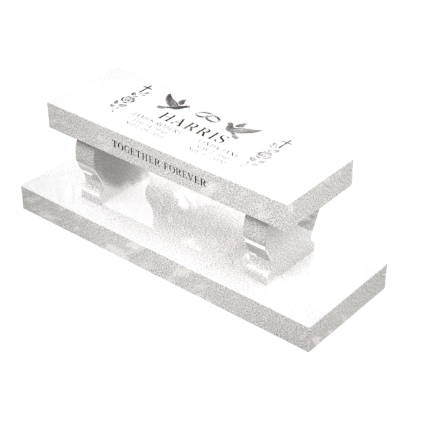 1501018 - Granite Companion Bench Memorial Wth Doves, Rings, and Cross