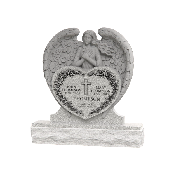1201104 - Lápida de granito de doble corazón con ángel y rosas