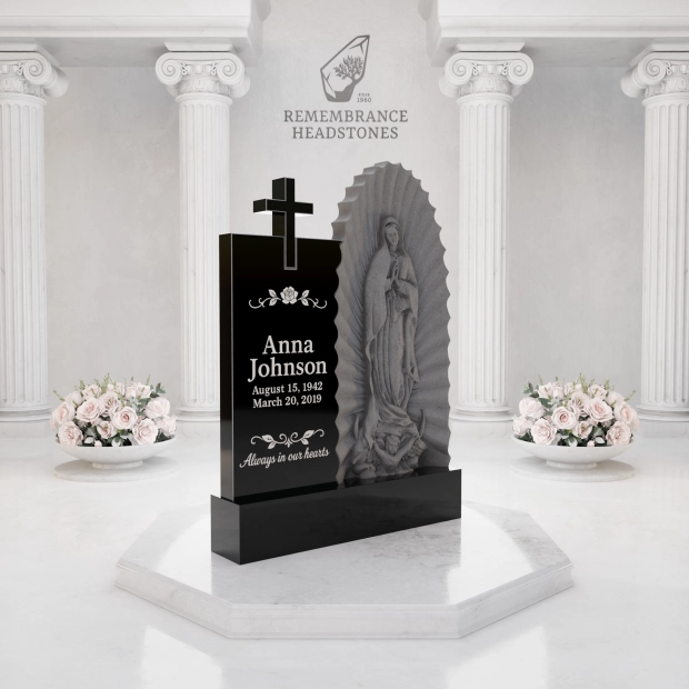  Premium Upright Granite Headstone — Guadalupe Relief & Cross