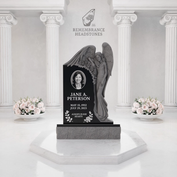 Luxury Upright Granite Monument — Guardian Angel Relief & Photo Cameo
