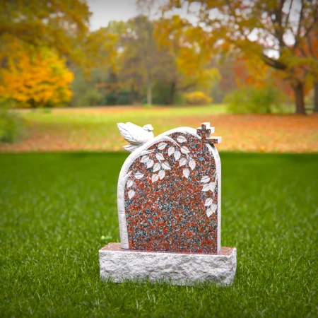 1548 - Red Granite Headstone with Dove, Cross, and Leaf Engraving - 3