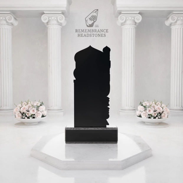 Luxury Upright Granite Headstone — Mosque-Arch with Minaret Relief