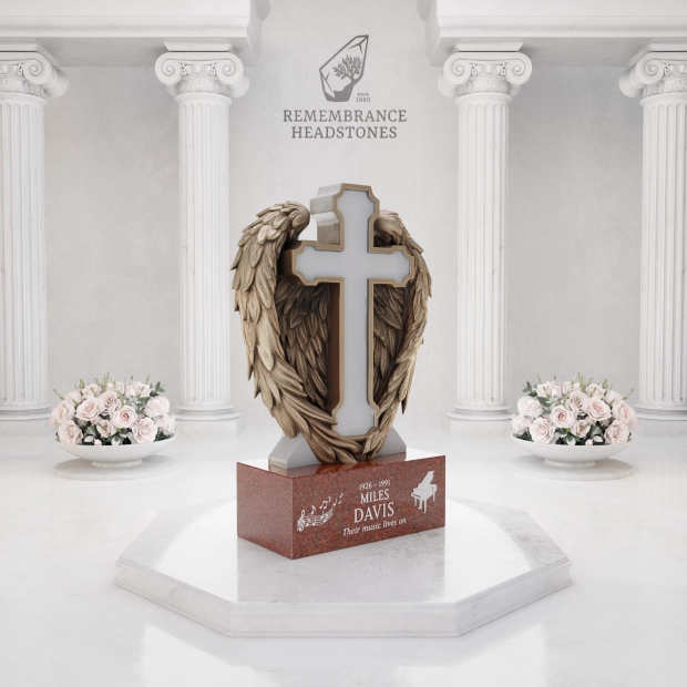 Luxury Cross with Guardian Angel Wings Granite Headstone