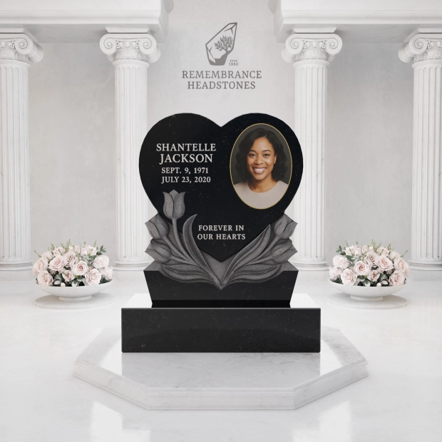 Premium Heart Shape Memorial with Sculpted Tulips & Portrait Medallion