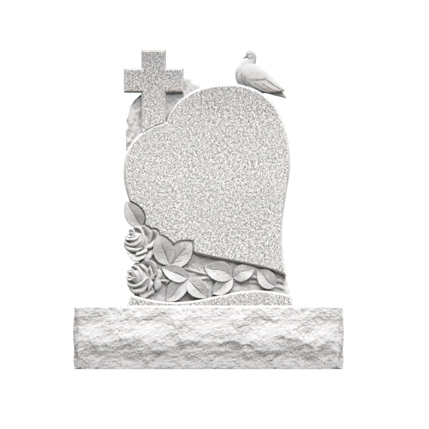 1207005 - Lápida de granito con forma de corazón con cruz, paloma y rosas