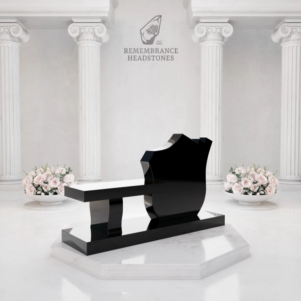 Luxury Granite Memorial Bench with Sculpted Shield Tablet & Floral Engraving                       