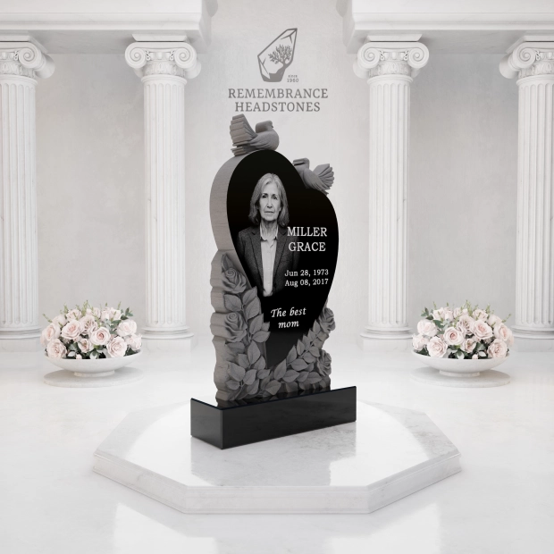  Luxury Heart-Shaped Granite Monument — Doves, Rose Garland & Sewing Motif