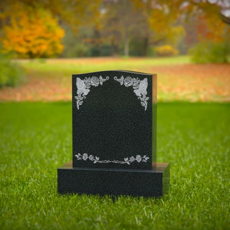 1577 - Black Granite Headstone with Floral and Butterfly Engravings