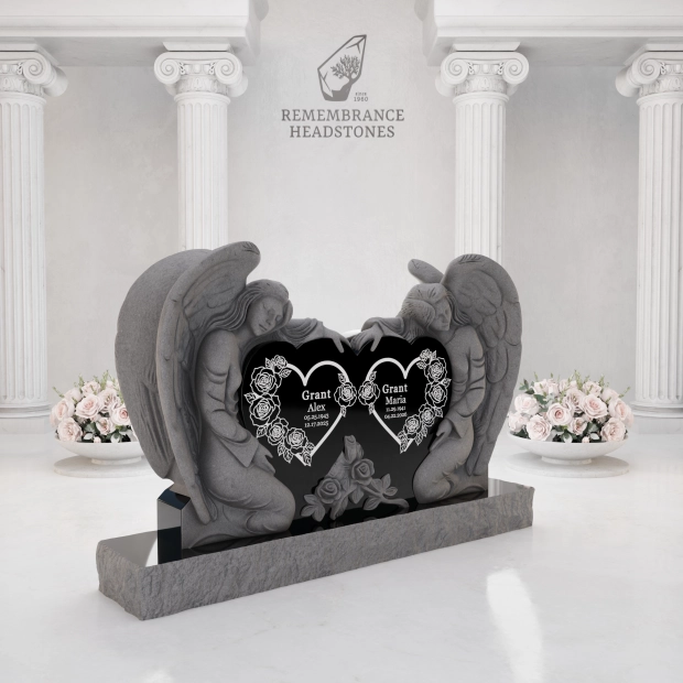 Luxury Twin Guardian Angel Heart Companion Granite Headstone