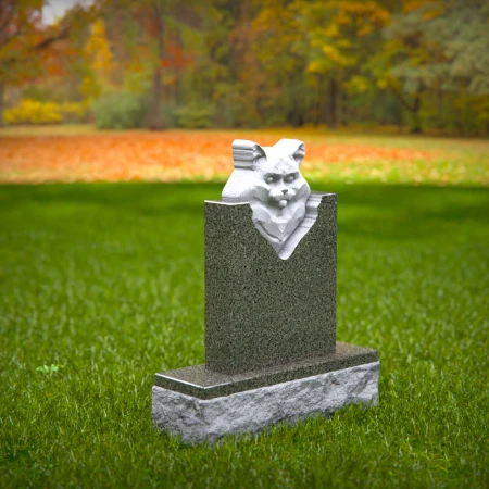 1466 - Custom Green Granite Cat Memorial Headstone with 3D Carved Cat Relief - 2