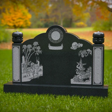 1606 - Traditional Asian-Inspired Memorial Headstone with Nature Engravings