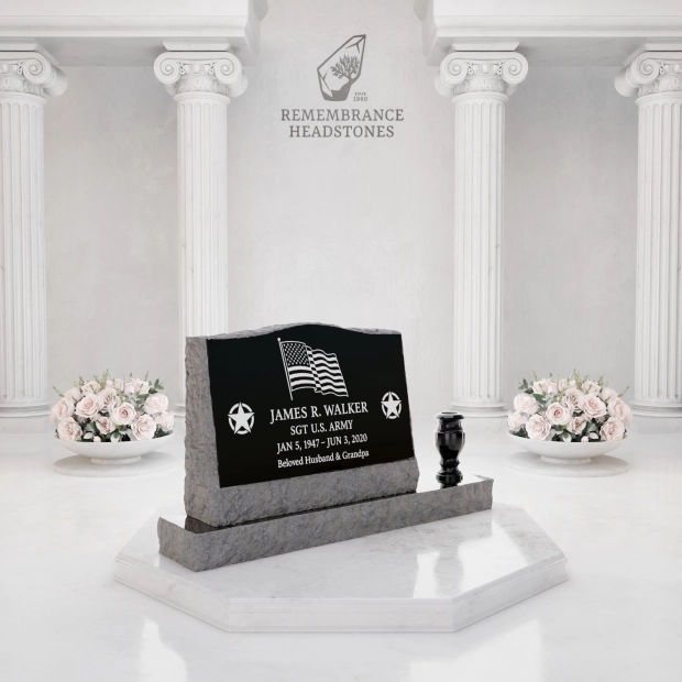Premium Slant Granite Headstone with Rock-Pitched Edge, Rose Motif & Vase