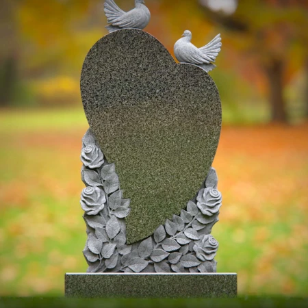 1523 - Heart-Shaped Granite Headstone with Doves and Rose Engraving - 5