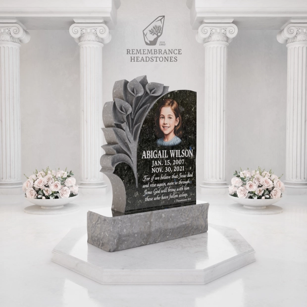 Luxury Child Calla Lily Granite Headstone with Portrait