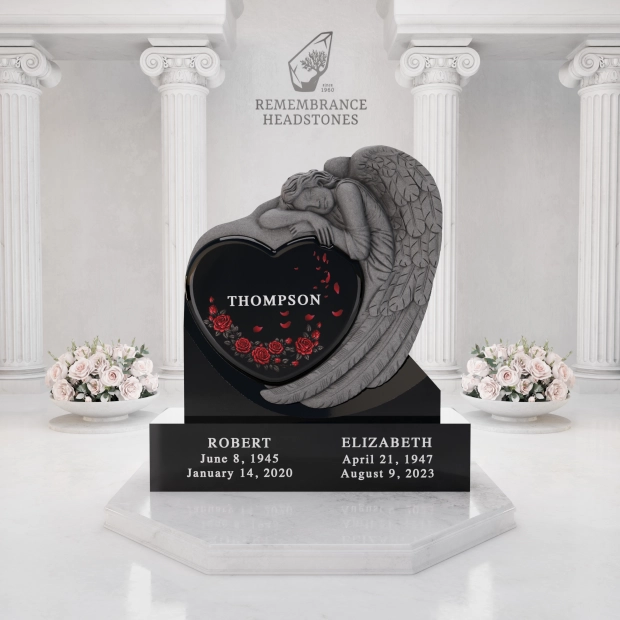 Luxury Heart-Shaped Granite Monument — Weeping Angel Relief