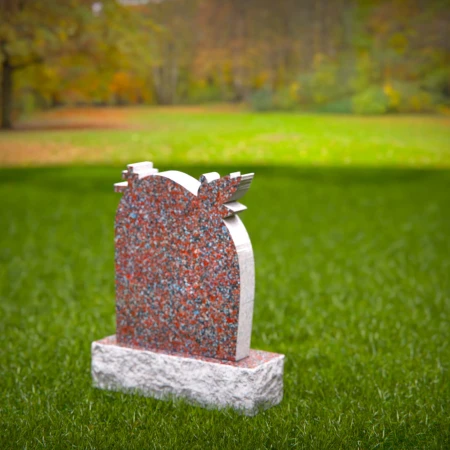 1548 - Red Granite Headstone with Dove, Cross, and Leaf Engraving - 7