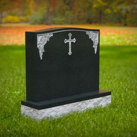 1590 - Traditional Black Granite Headstone with Engraved Cross & Floral Corners - 6