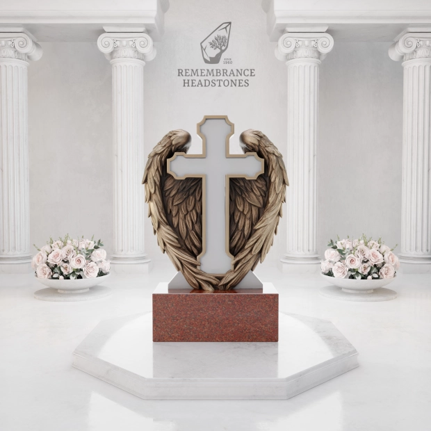 Luxury Cross with Guardian Angel Wings Granite Headstone