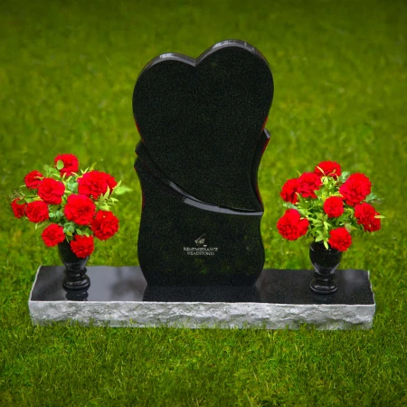 1277 - Unique Dual-Heart Granite Headstone with Twin Flower Vases