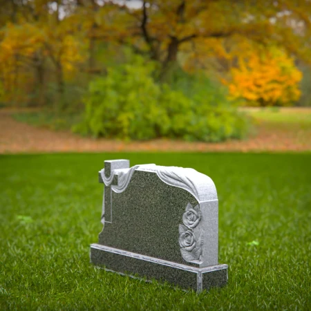 1547 - Elegant Granite Headstone with Draped Cross and Rose Engraving - 1