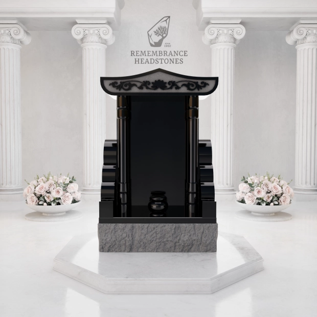 Lux Pagoda-Top Upright Granite Headstone with Columns & Shrine Niche